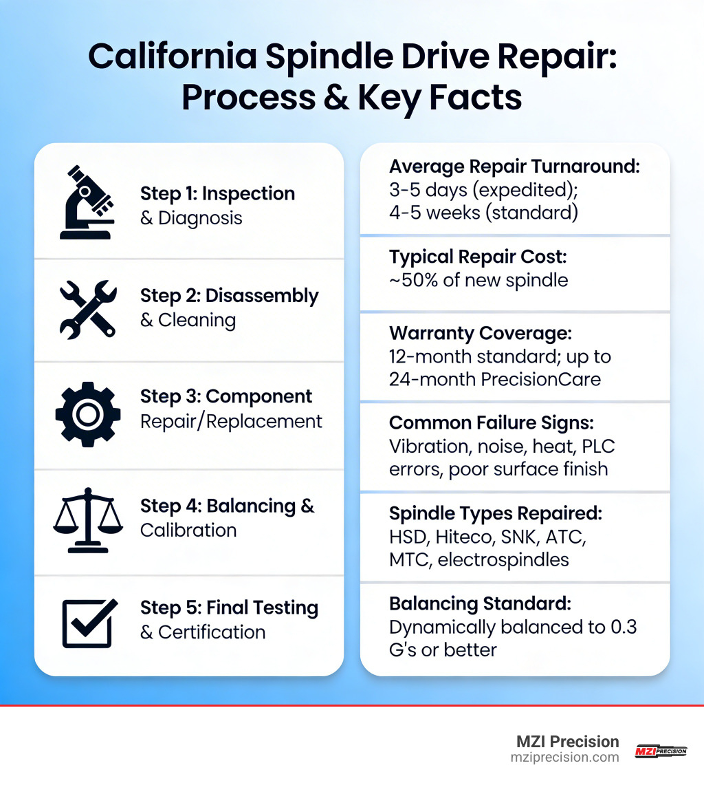 Spindle drive repair process steps and key facts for California manufacturers - spindle drive repair California infographic 