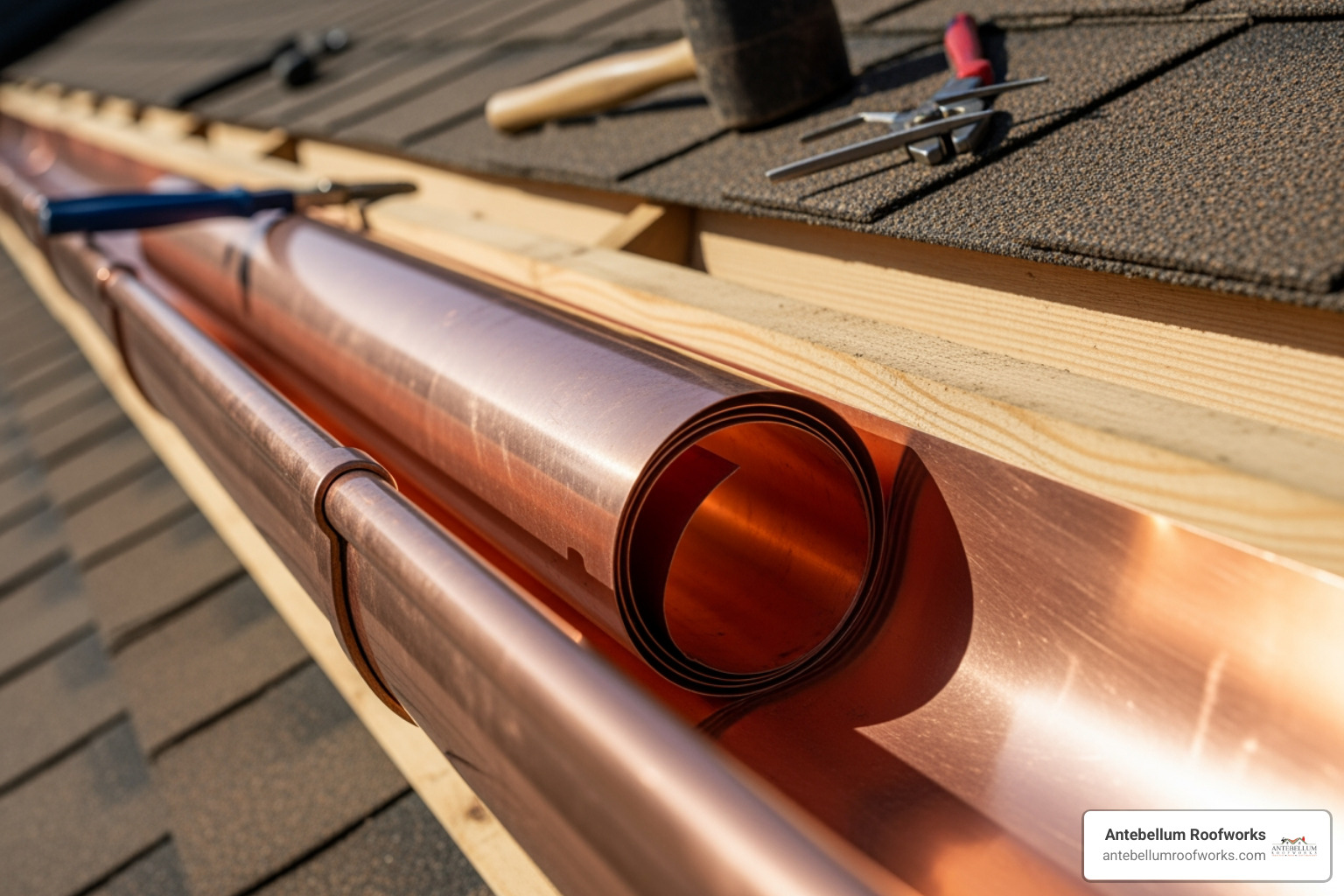 detailed view of a copper gutter lining being installed in a wood-framed trough - built-in gutter system