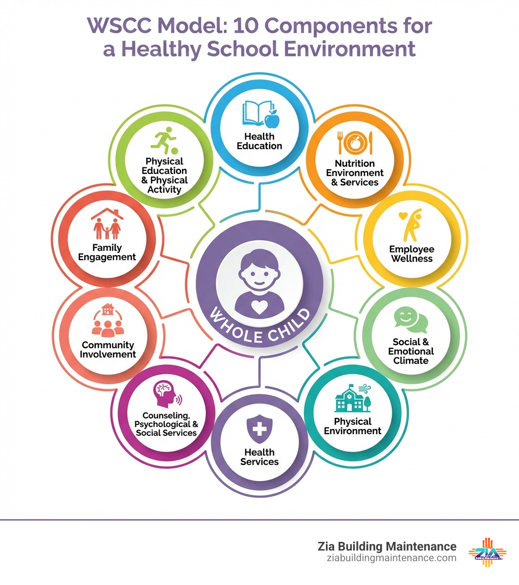 Infographic of WSCC model showing 10 components of a whole school whole community whole child approach - Healthy school Infographic of WSCC model showing 10 components of a whole school whole community whole child approach - Healthy school