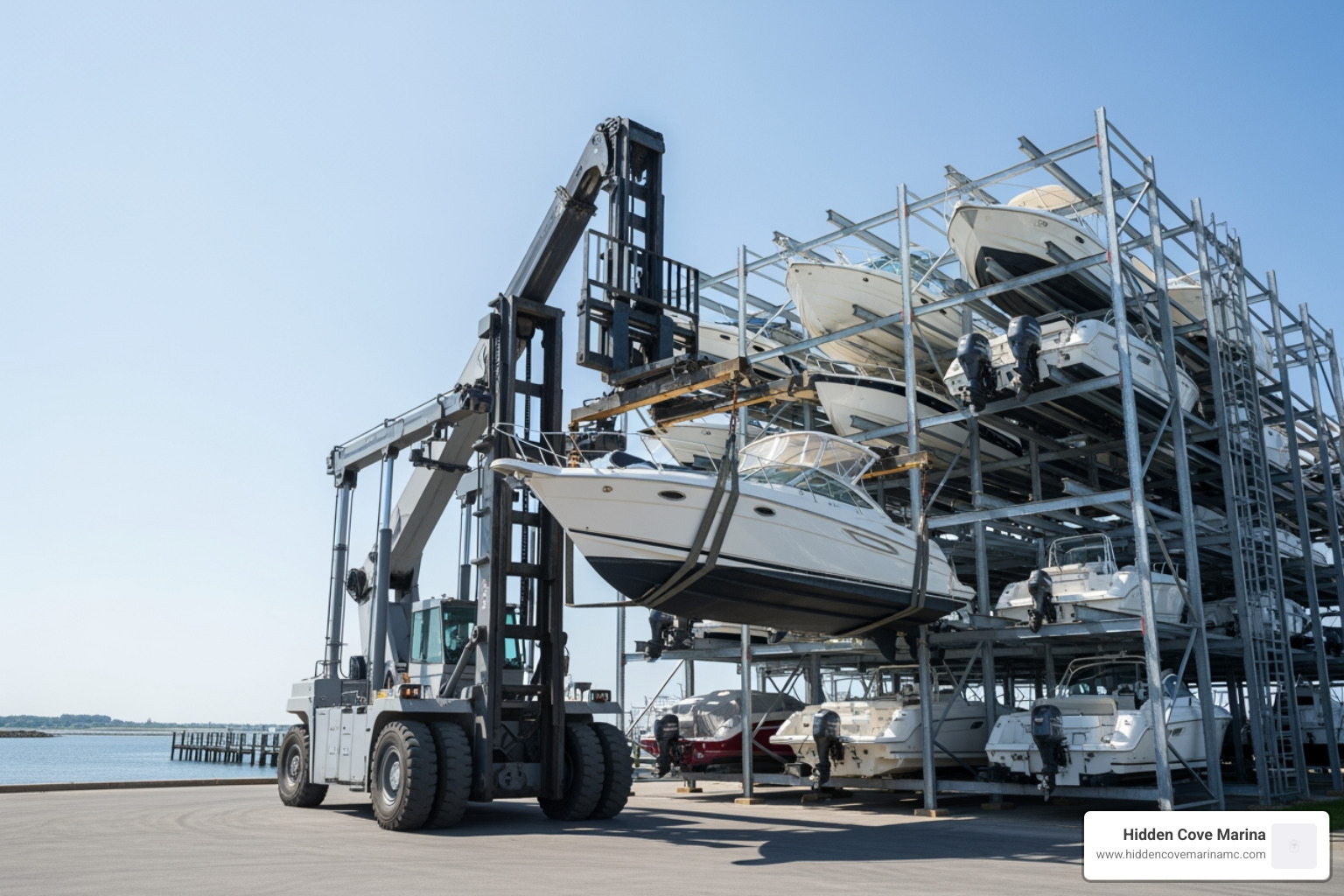 Marine forklift lifting a boat into vertical racks at a professional facility - dry stack marina Marine forklift lifting a boat into vertical racks at a professional facility - dry stack marina