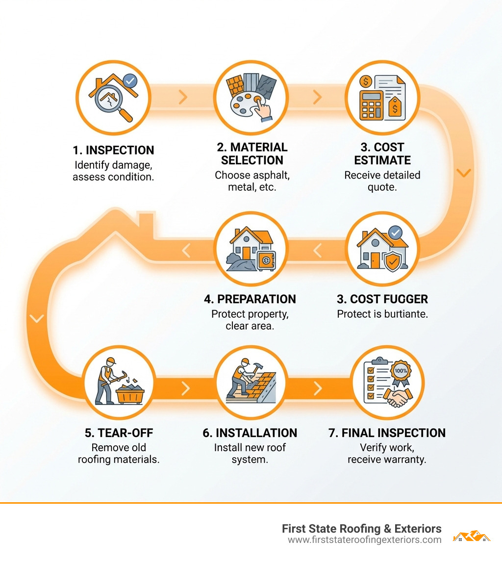 7 stages of the roof replacement lifecycle infographic: inspection, material selection, cost estimate, preparation 7 stages of the roof replacement lifecycle infographic: inspection, material selection, cost estimate, preparation