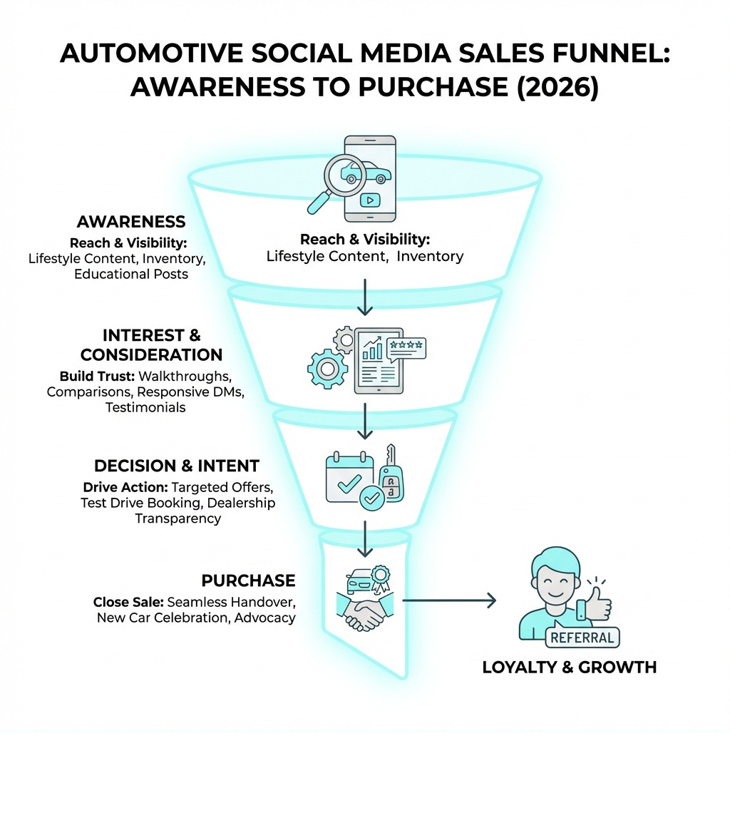 Automotive social media sales funnel from awareness to purchase - automotive social media management infographic Automotive social media sales funnel from awareness to purchase - automotive social media management infographic