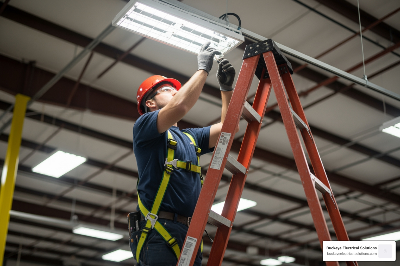 Professional technician on a ladder installing high-output commercial LED lighting in a warehouse - commercial electrician Professional technician on a ladder installing high-output commercial LED lighting in a warehouse - commercial electrician