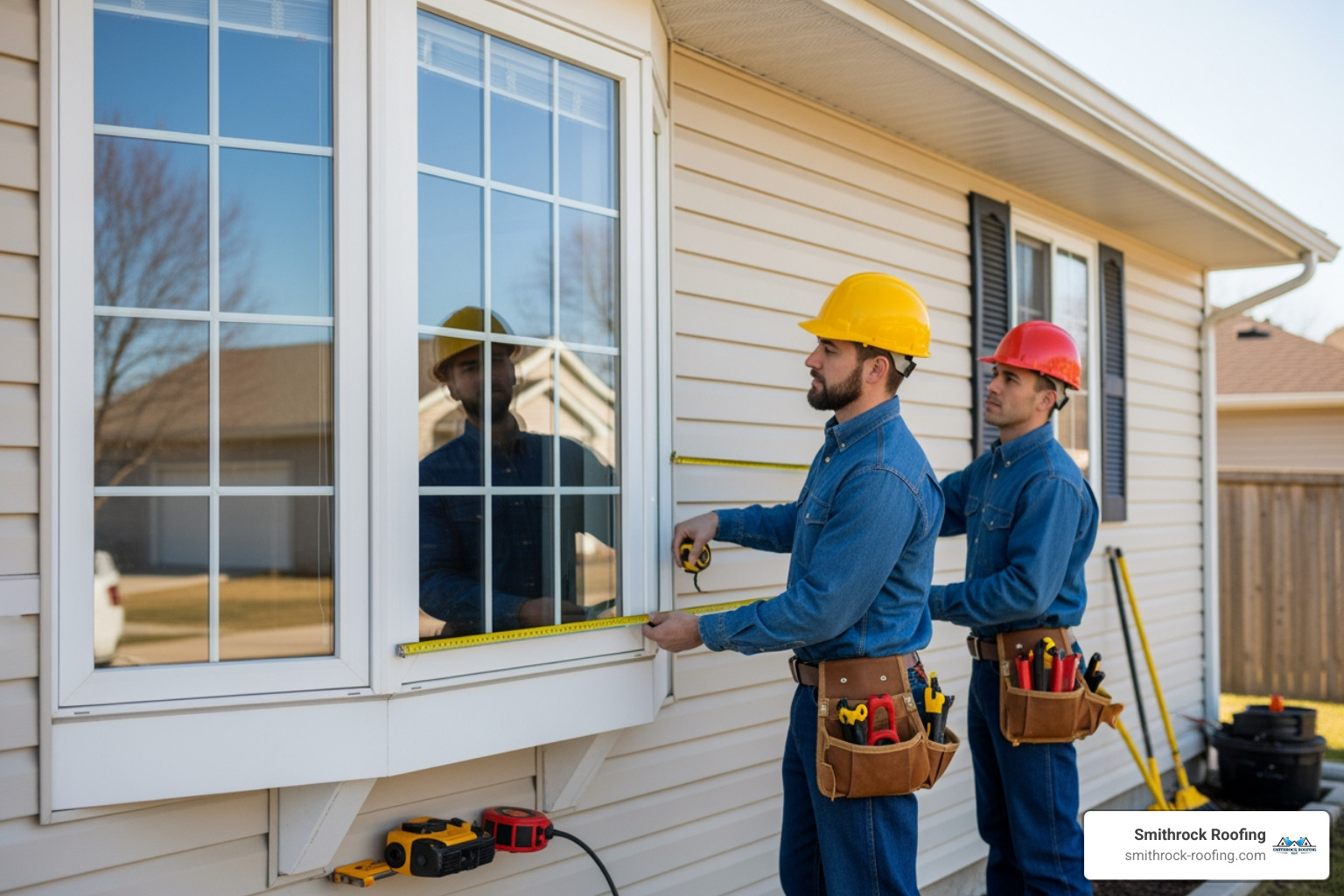 professional installers measuring an exterior wall for a bay window - cost to add a bay window