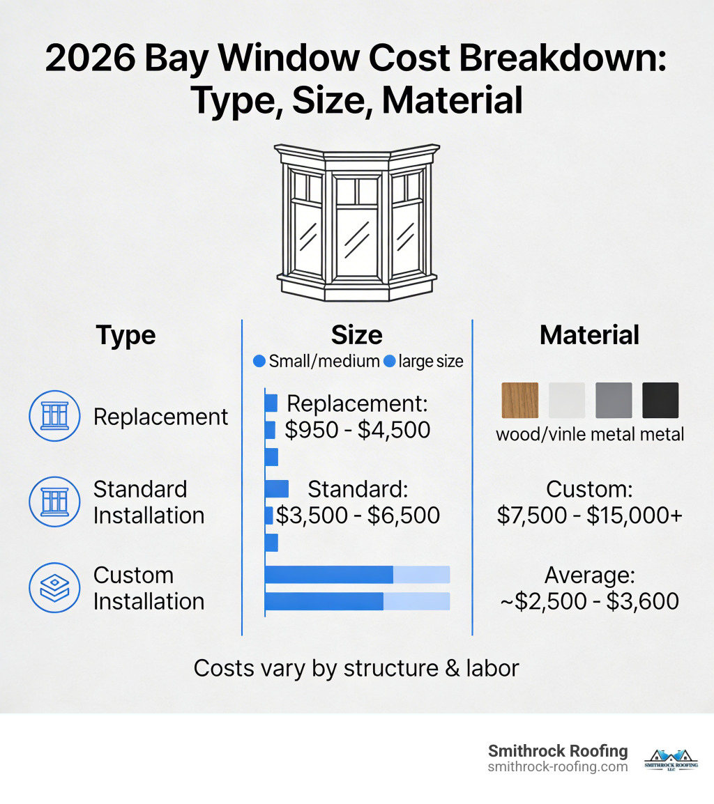 Infographic showing bay window cost breakdown by type, size, and material - cost to add a bay window infographic 
