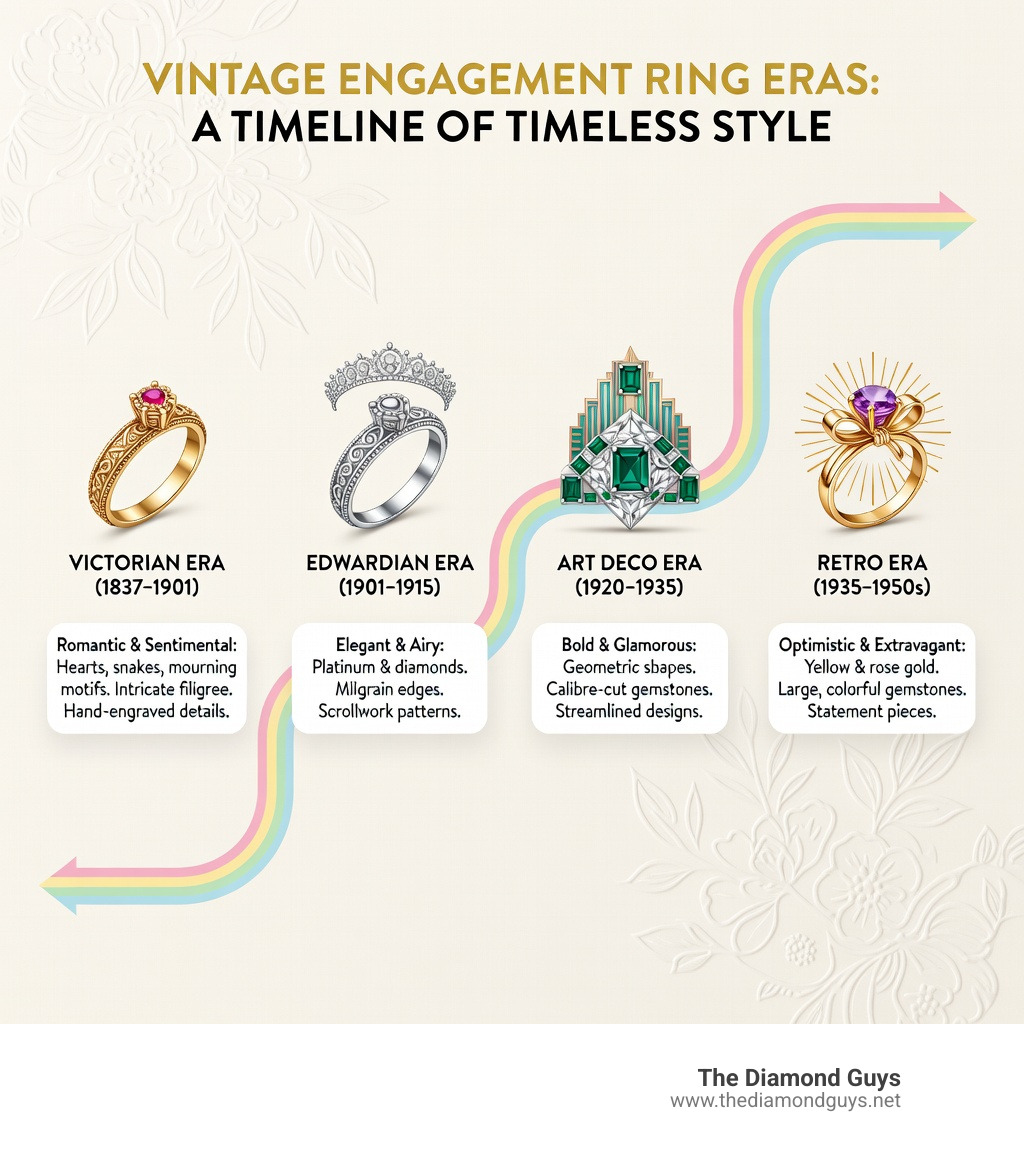 Infographic showing jewelry eras from Victorian to Retro with key design features and date ranges - vintage engagement rings Infographic showing jewelry eras from Victorian to Retro with key design features and date ranges - vintage engagement rings