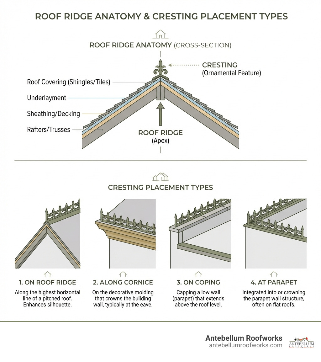 Infographic showing roof ridge anatomy and cresting placement types - cresting roof infographic 