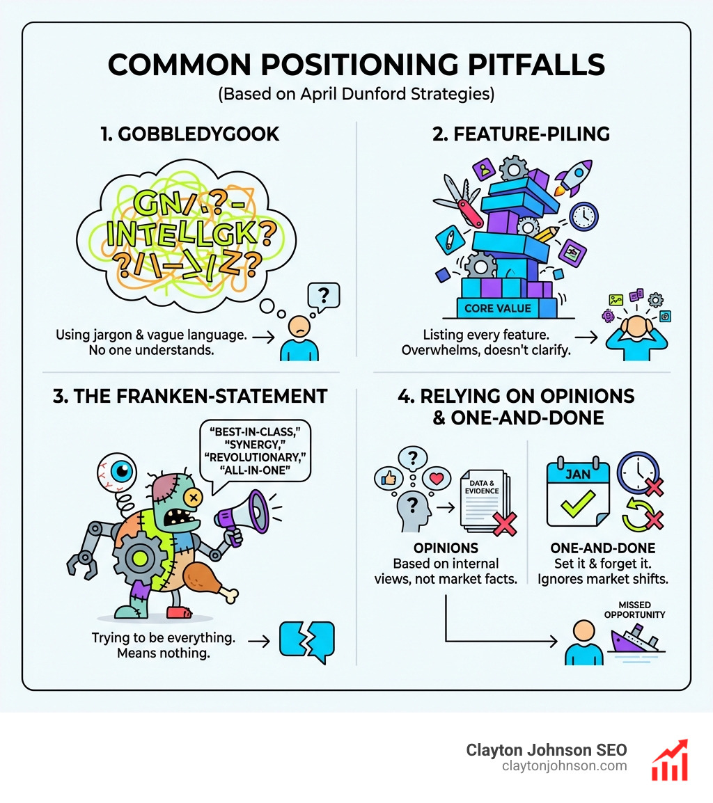 Infographic showing common positioning pitfalls like gobbledygook and feature-piling - April Dunford positioning strategies