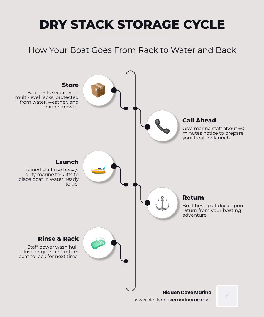 Dry stack marina storage cycle infographic showing store, call ahead, launch, return, and rinse steps - dry stack marina Dry stack marina storage cycle infographic showing store, call ahead, launch, return, and rinse steps - dry stack marina