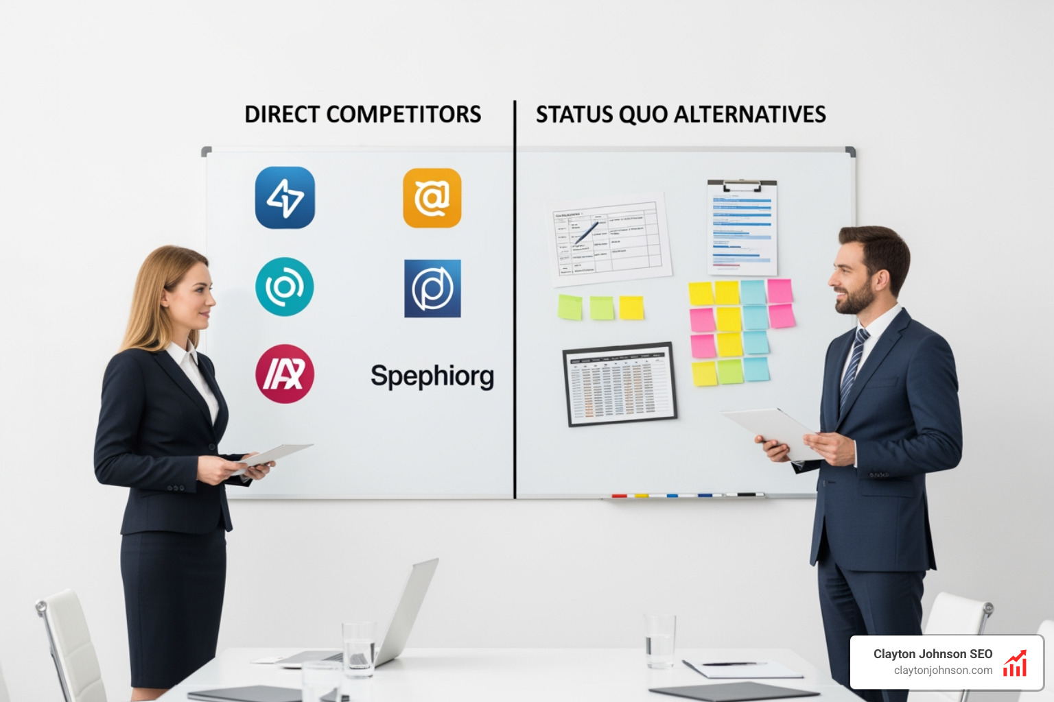 Graphic showing the difference between direct competitors and status quo alternatives - April Dunford positioning strategies