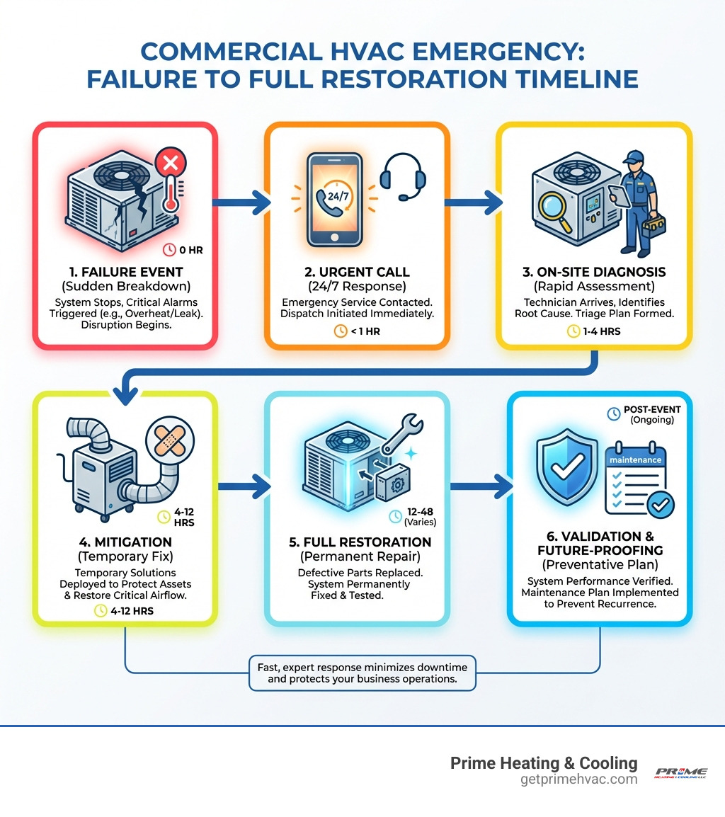 Timeline infographic of a commercial HVAC emergency from failure to full restoration - Emergency commercial HVAC infographic Timeline infographic of a commercial HVAC emergency from failure to full restoration - Emergency commercial HVAC infographic