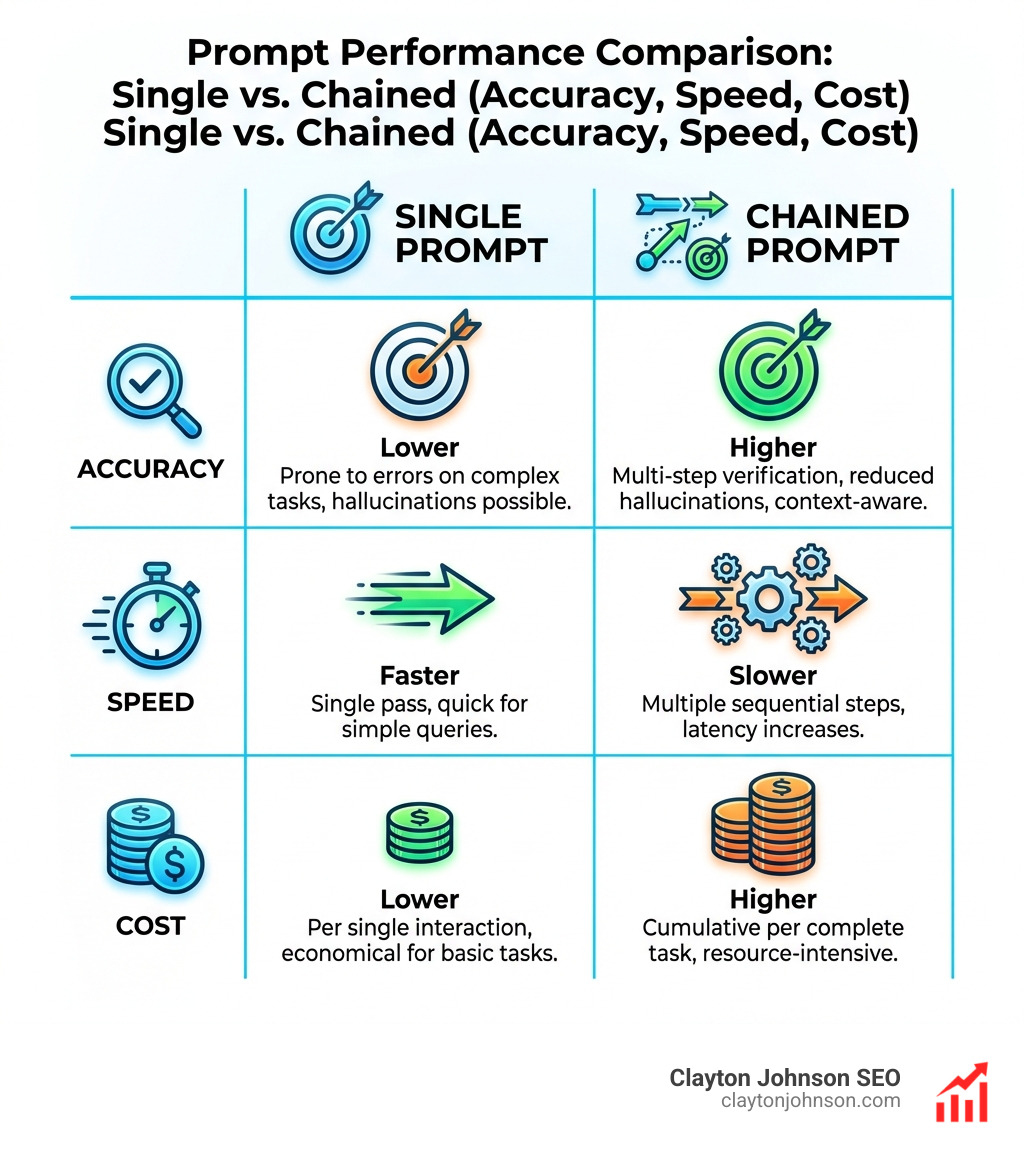 Table comparing single prompt vs. chained prompt performance across accuracy, speed, and cost - How to refine prompt chains Table comparing single prompt vs. chained prompt performance across accuracy, speed, and cost - How to refine prompt chains