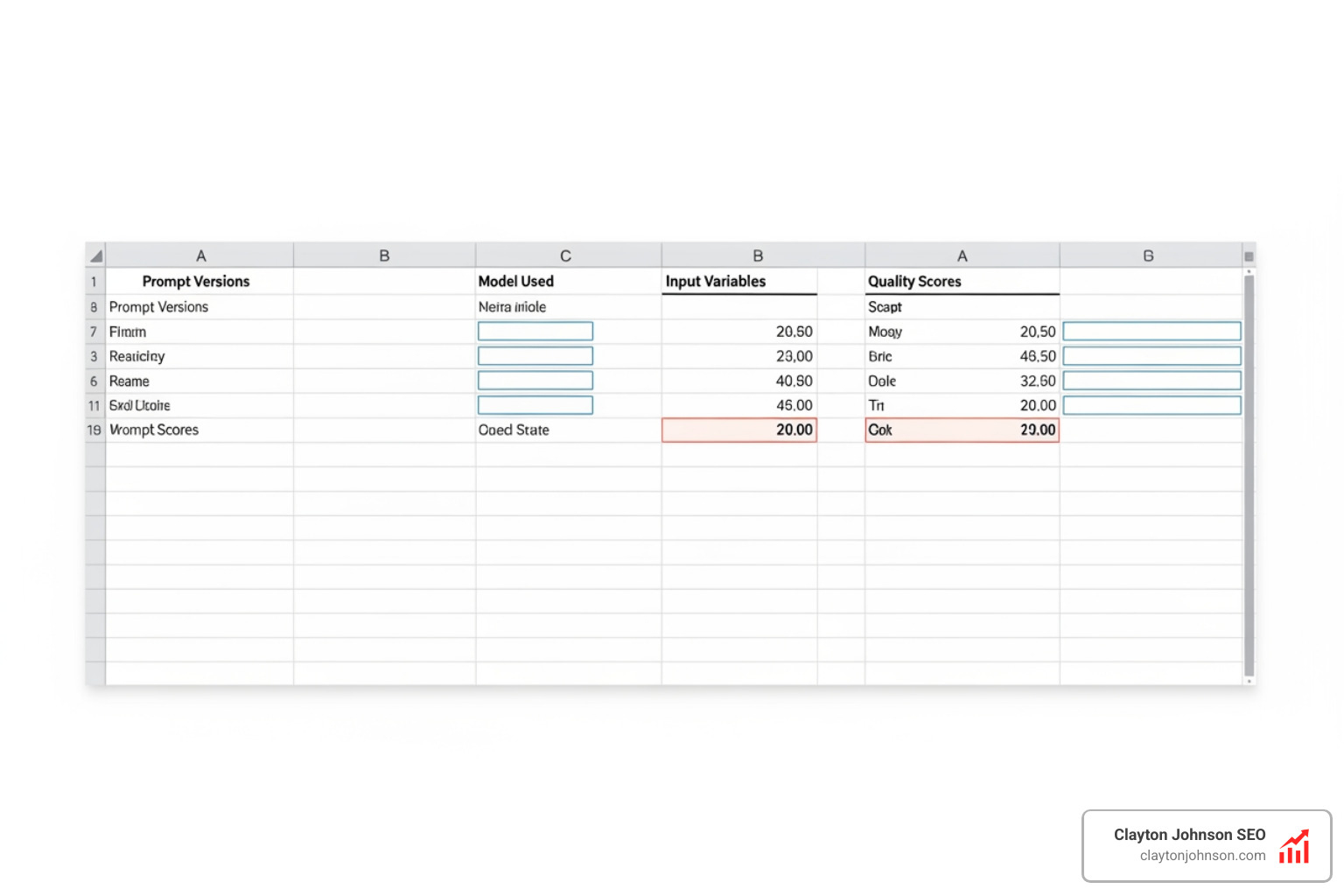 Spreadsheet layout for tracking prompt versions, model used, input variables, and quality scores - How to refine prompt Spreadsheet layout for tracking prompt versions, model used, input variables, and quality scores - How to refine prompt