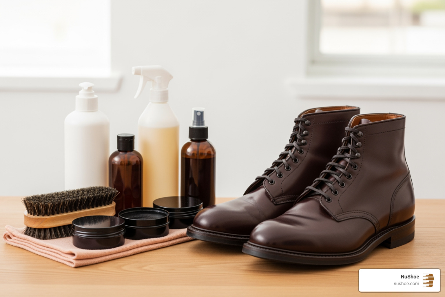 a complete leather care kit with brushes, cloths, and tins of polish - Leather boot care tips
