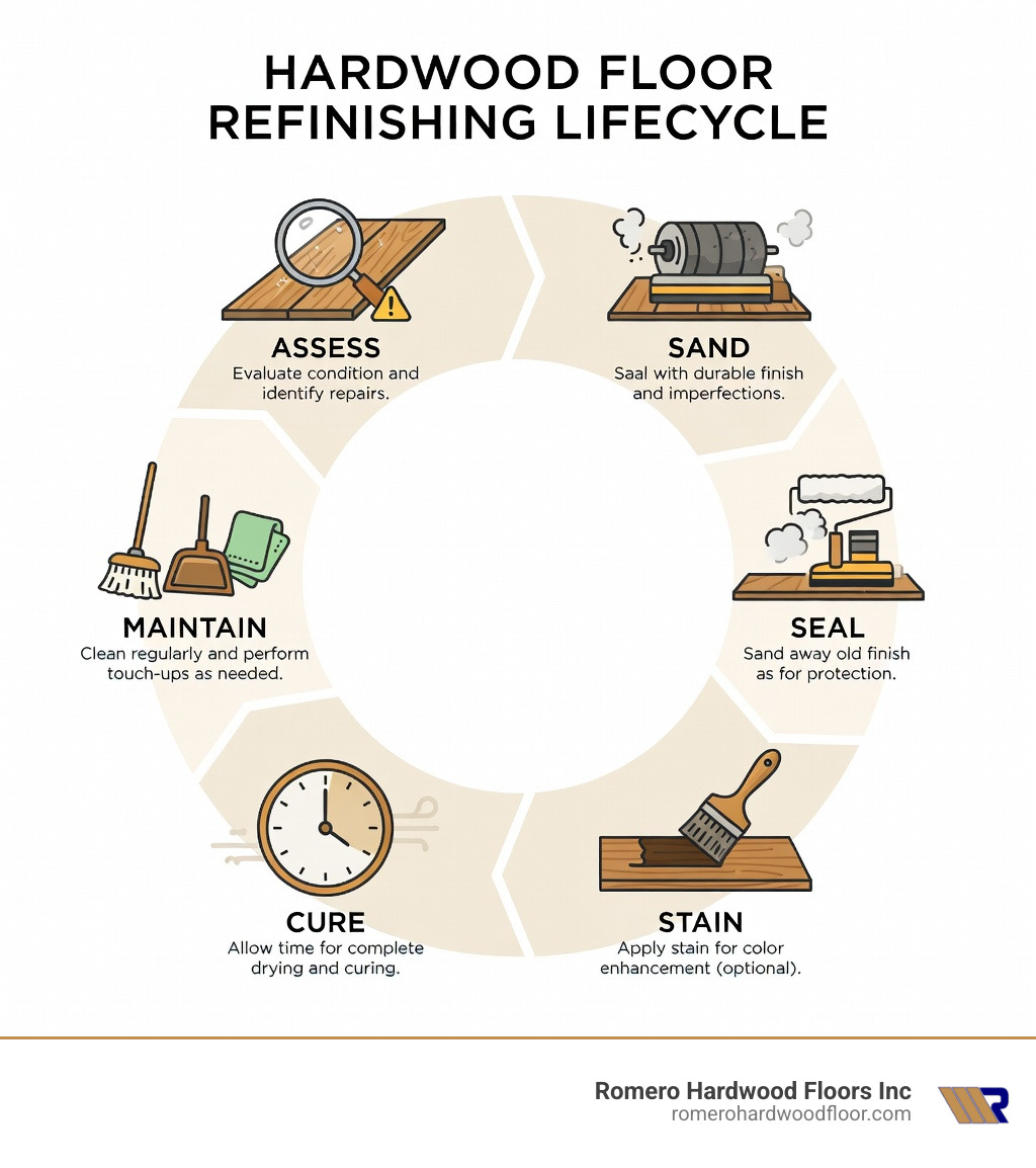 Hardwood floor refinishing lifecycle infographic: assess, sand, stain, seal, cure, maintain - floor refinishing infographic 