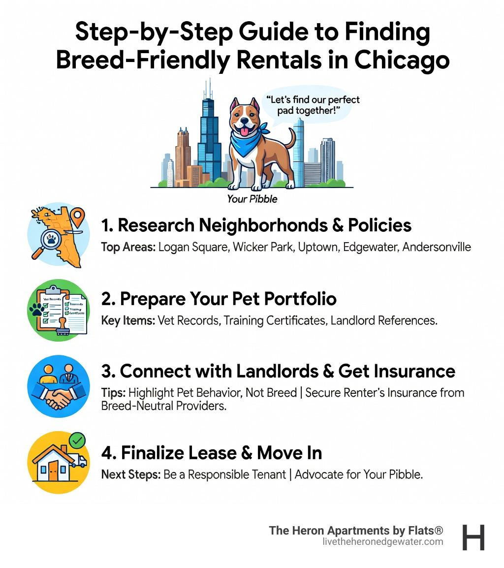 Step-by-step infographic for finding breed-friendly rentals in Chicago - pitbull friendly apartments chicago infographic 