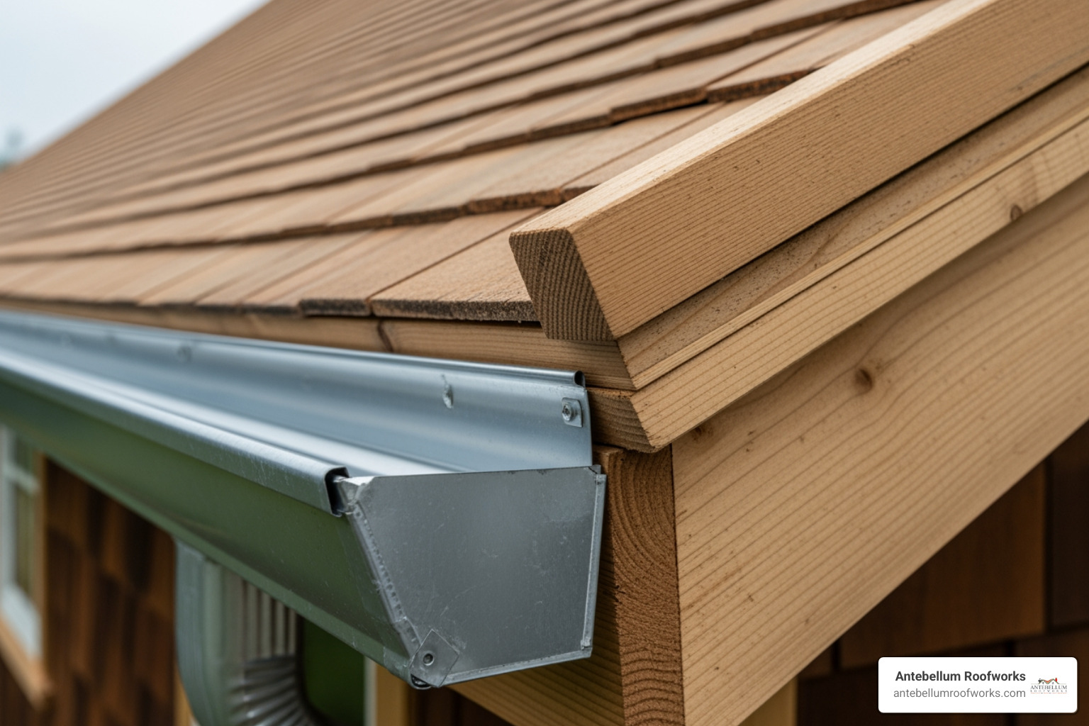A Yankee gutter board-on-roof construction showing the metal lining and wooden support - what are yankee gutters
