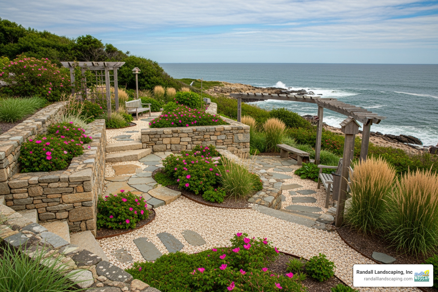 coastal Massachusetts garden with hardy plantings and stone elements - landscape design Massachusetts