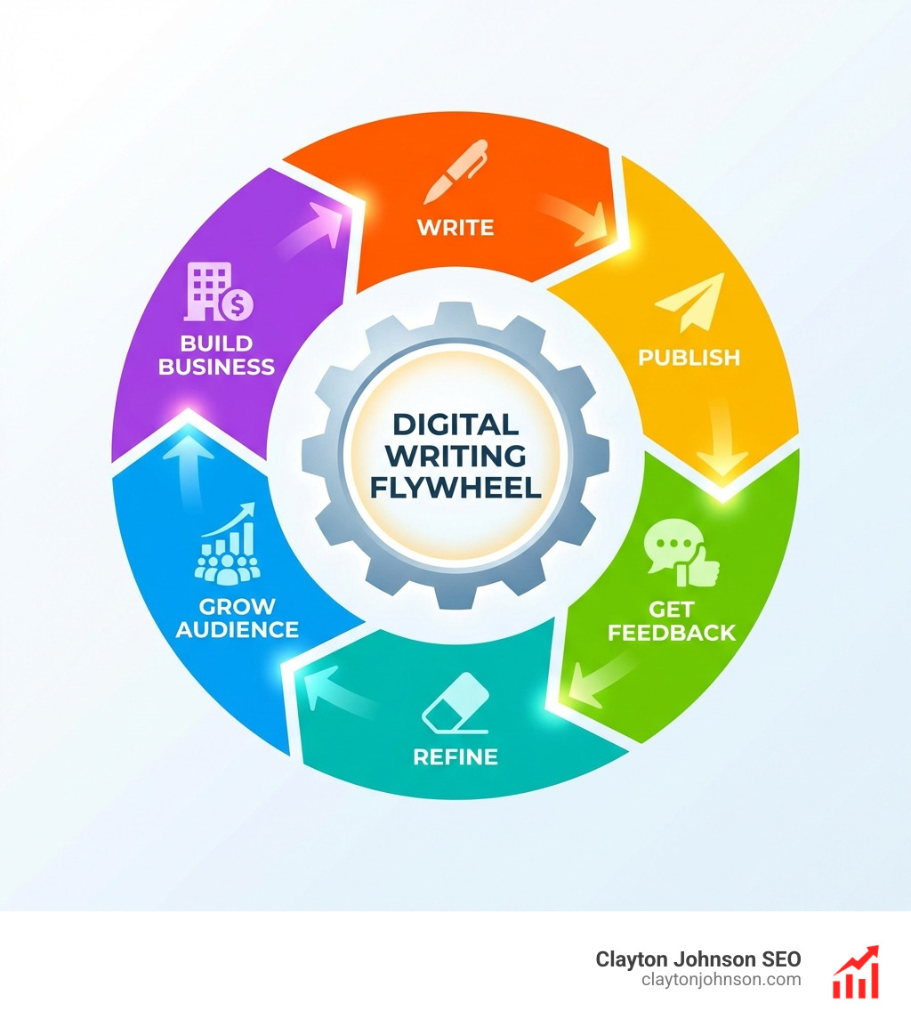 Digital Writing Flywheel: Write → Publish → Get Feedback → Refine → Grow Audience → Build Business - Dickie Bush content Digital Writing Flywheel: Write → Publish → Get Feedback → Refine → Grow Audience → Build Business - Dickie Bush content