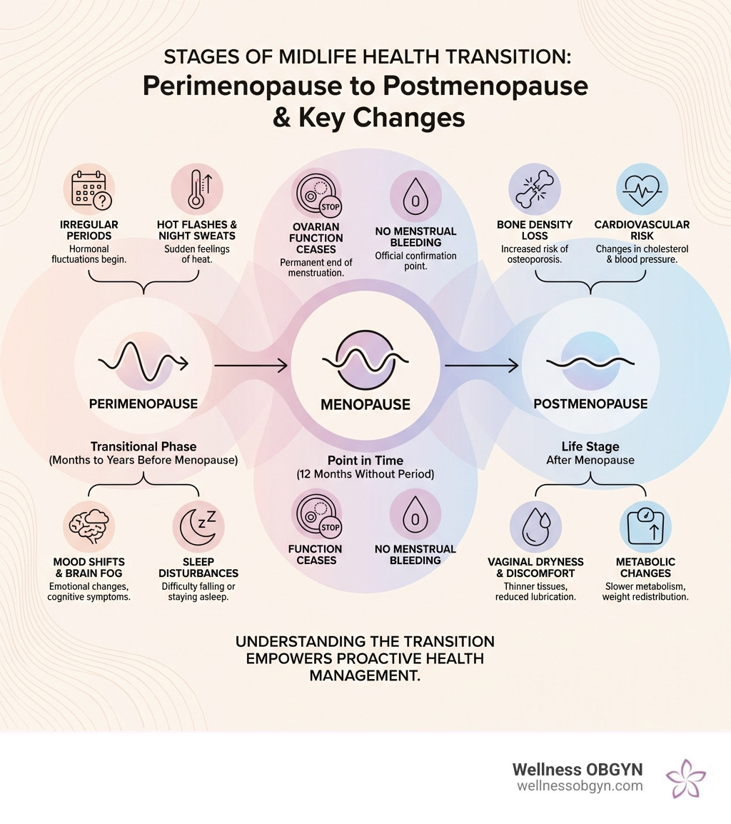 Stages of midlife health transition from perimenopause to postmenopause with key changes - midlife women’s health Stages of midlife health transition from perimenopause to postmenopause with key changes - midlife women’s health