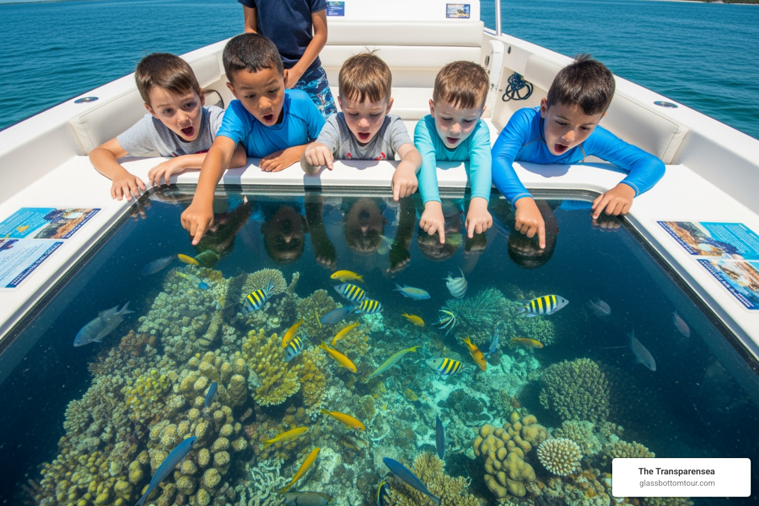 Children looking through glass viewing panel at colorful coral - Key Largo boat tours