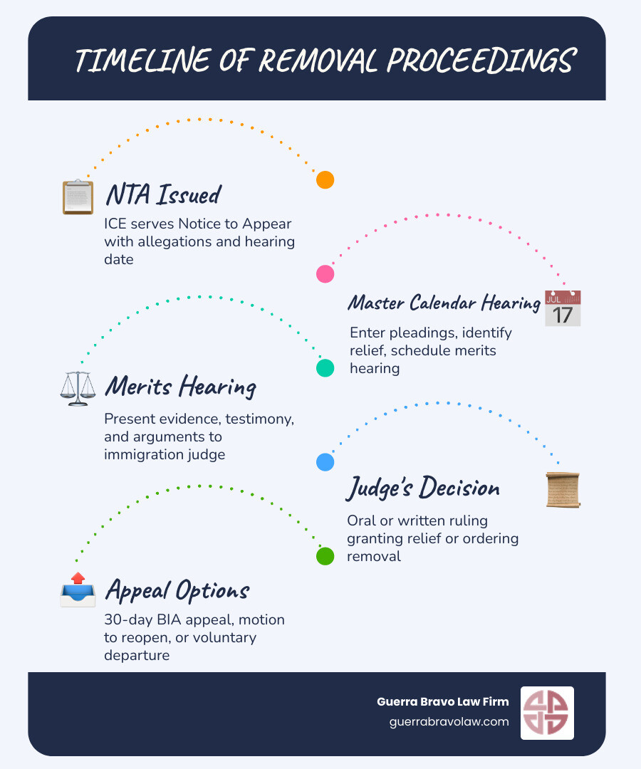 Timeline of removal proceedings from NTA issuance to final decision and appeal options - stop removal proceedings Timeline of removal proceedings from NTA issuance to final decision and appeal options - stop removal proceedings
