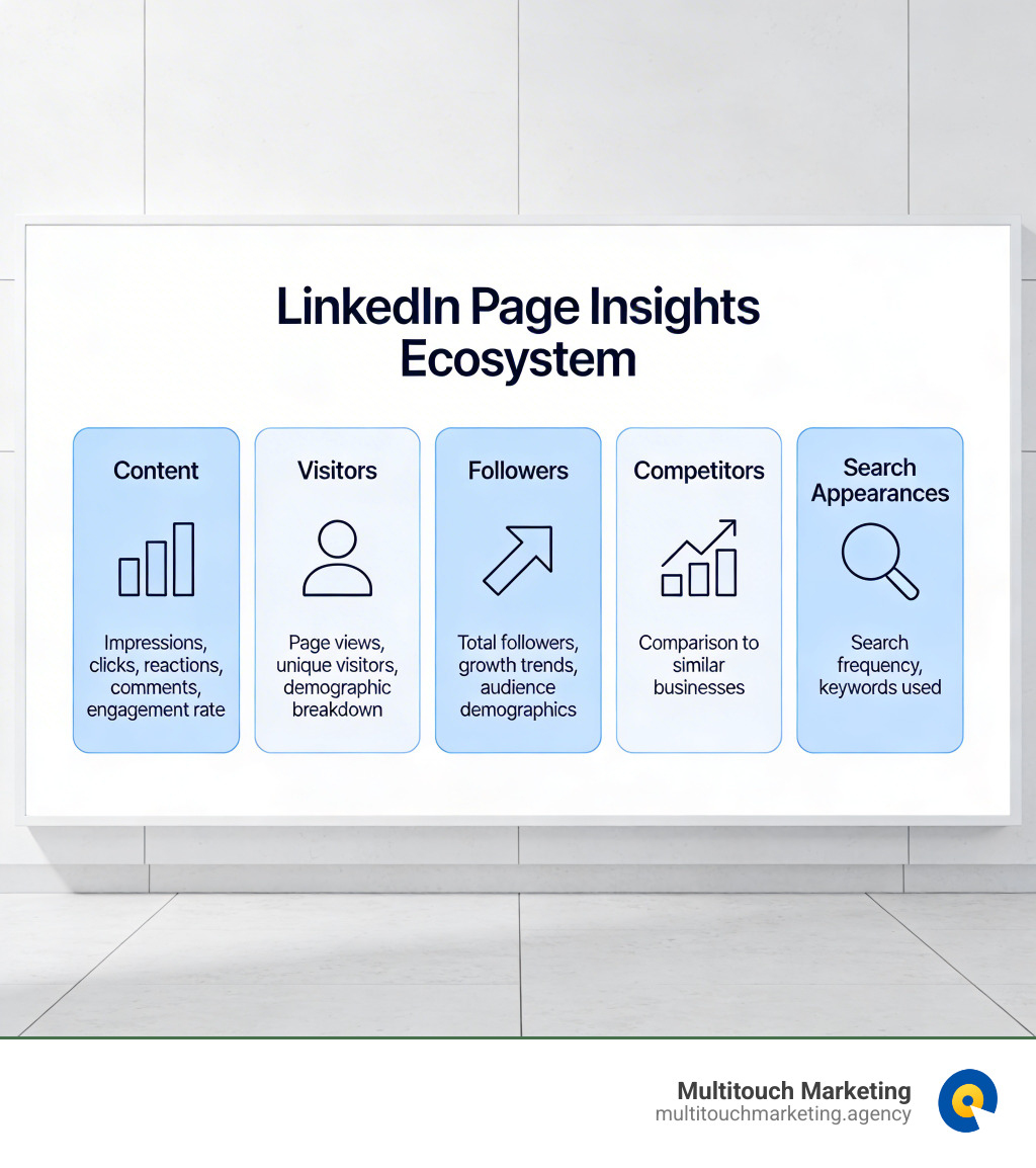 LinkedIn Page insights ecosystem infographic showing Content, Visitors, Followers, Competitors, and Search analytics LinkedIn Page insights ecosystem infographic showing Content, Visitors, Followers, Competitors, and Search analytics