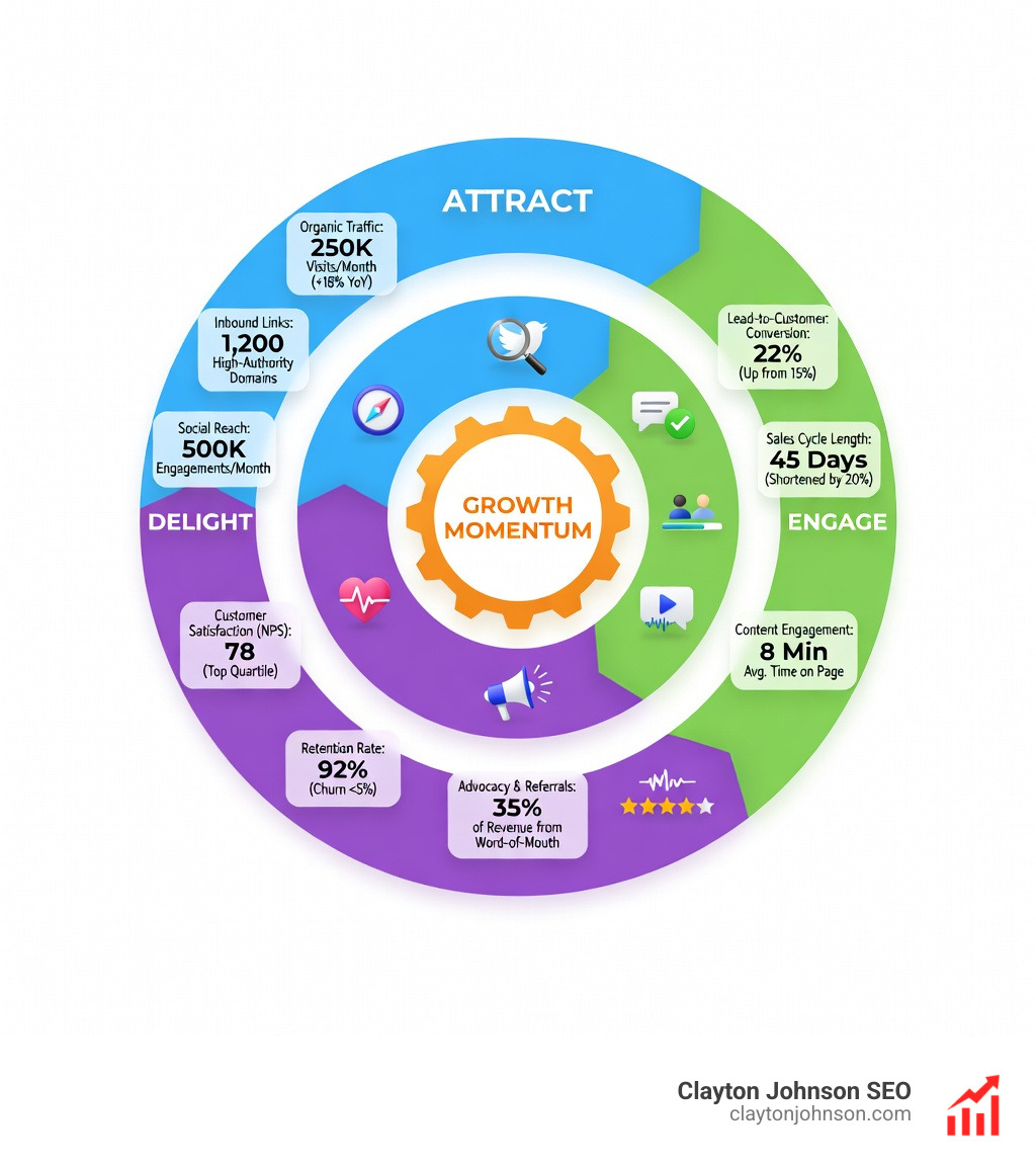 Inbound flywheel: Attract, Engage, Delight stages with key metrics at each stage - Dharmesh Shah inbound marketing Inbound flywheel: Attract, Engage, Delight stages with key metrics at each stage - Dharmesh Shah inbound marketing