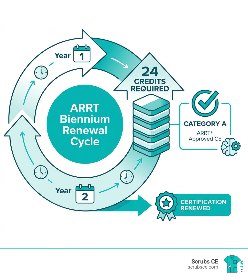 Radiology CE renewal cycle infographic showing ARRT biennium 24 credits Category A requirements - online x ray ceu Radiology CE renewal cycle infographic showing ARRT biennium 24 credits Category A requirements - online x ray ceu