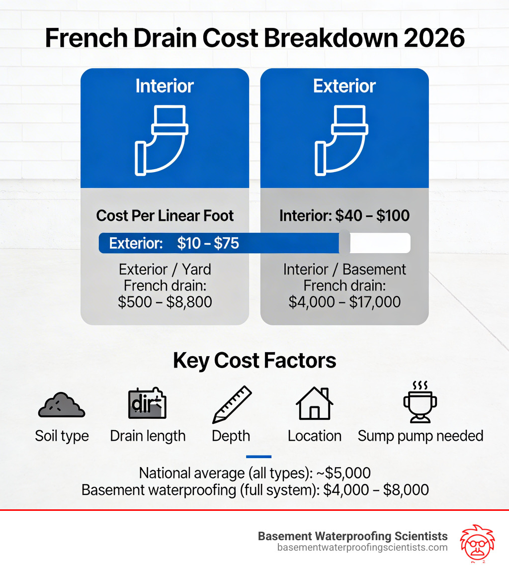 French drain cost breakdown infographic showing interior vs exterior pricing, cost per linear foot, and key cost factors French drain cost breakdown infographic showing interior vs exterior pricing, cost per linear foot, and key cost factors