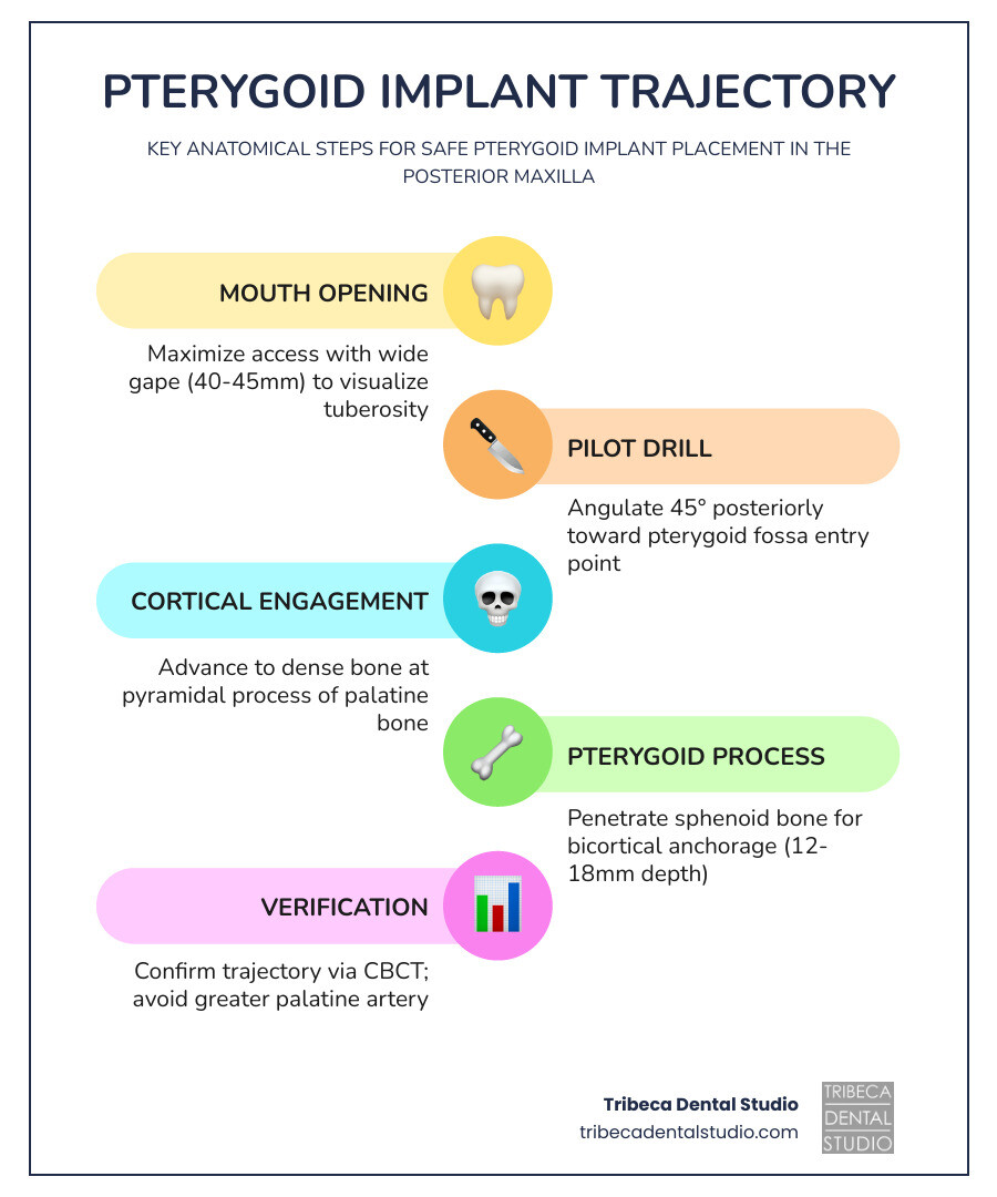 Pterygomaxillary anatomy and pterygoid implant trajectory with key bone landmarks labeled - pterygoid implants complications Pterygomaxillary anatomy and pterygoid implant trajectory with key bone landmarks labeled - pterygoid implants complications