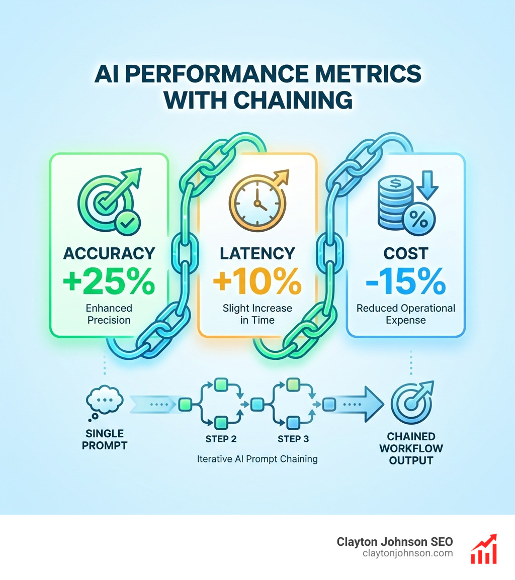 Infographic showing AI performance metrics: Accuracy +25%, Latency +10%, Cost -15% with chaining - AI prompt chaining best
