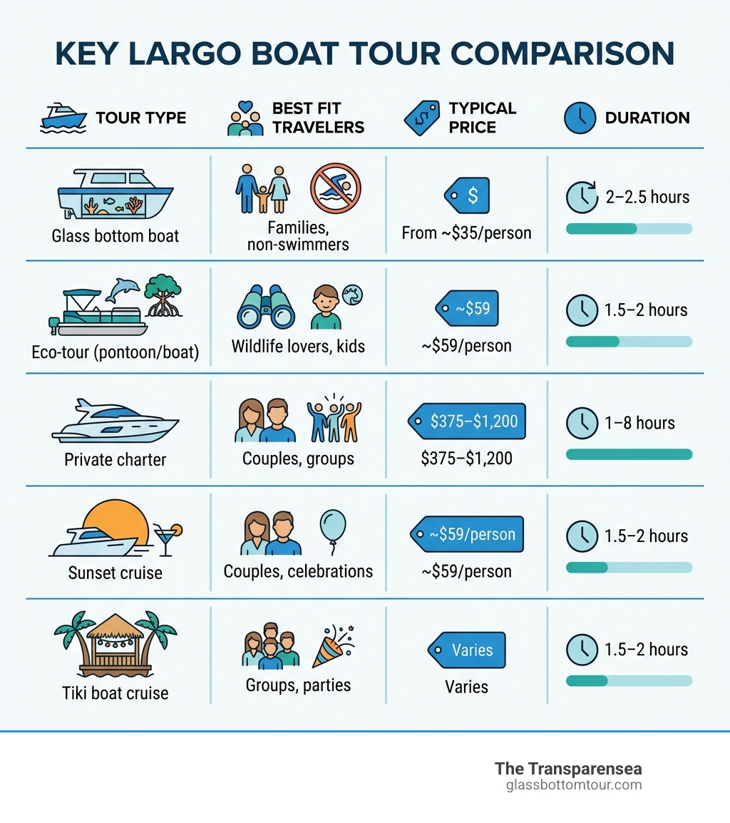 Infographic comparing Key Largo boat tour types, prices, durations, and best-fit travelers - Key Largo boat tours