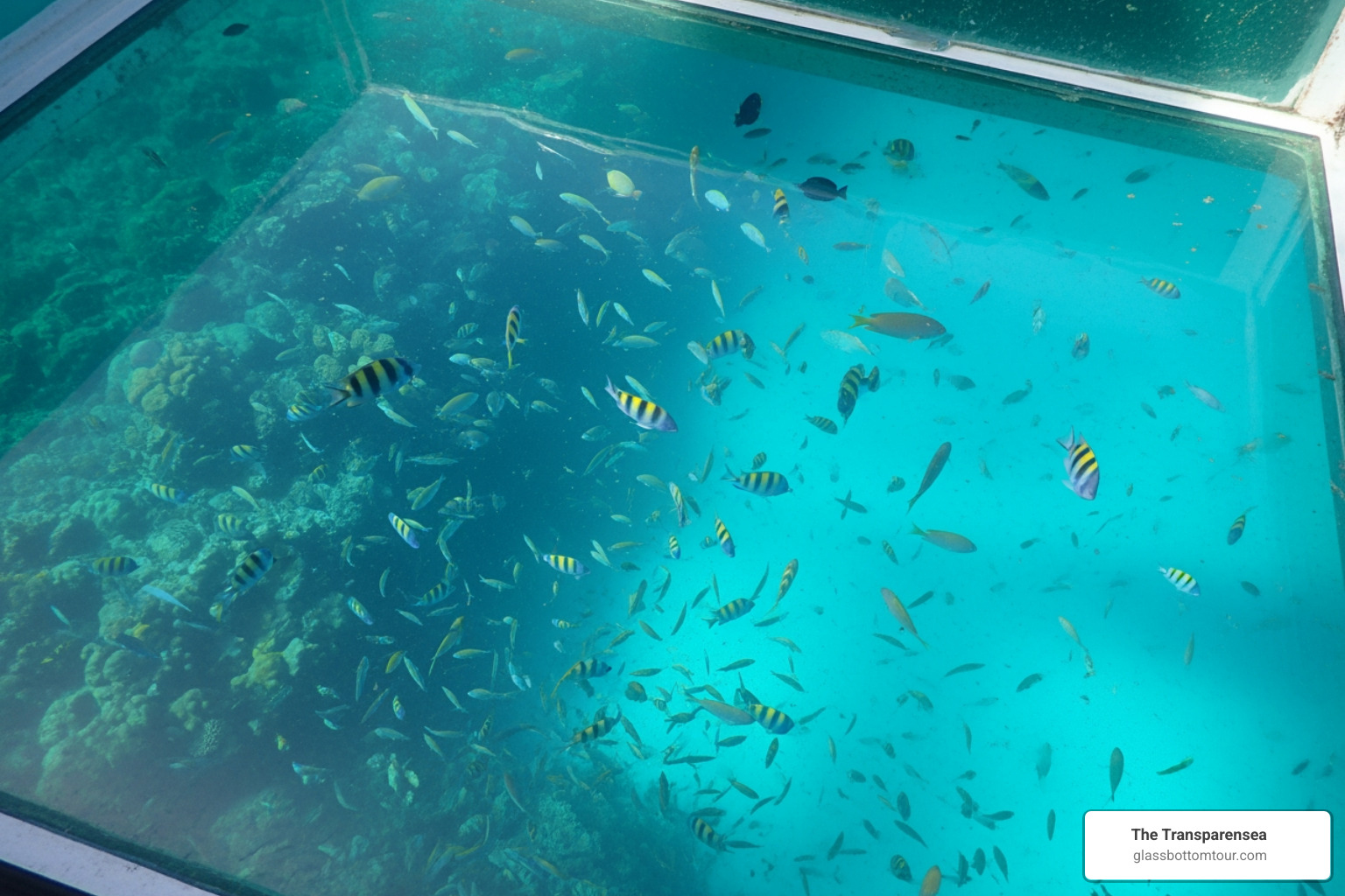 vibrant tropical fish visible through a boat's glass floor - glass bottom boat fl