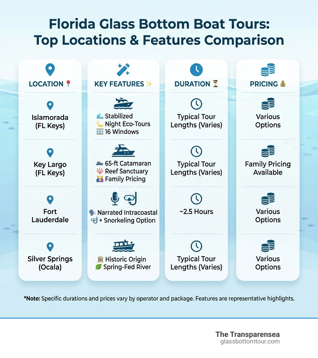 Top Florida glass bottom boat tour locations, features, durations, and pricing comparison infographic - glass bottom boat fl