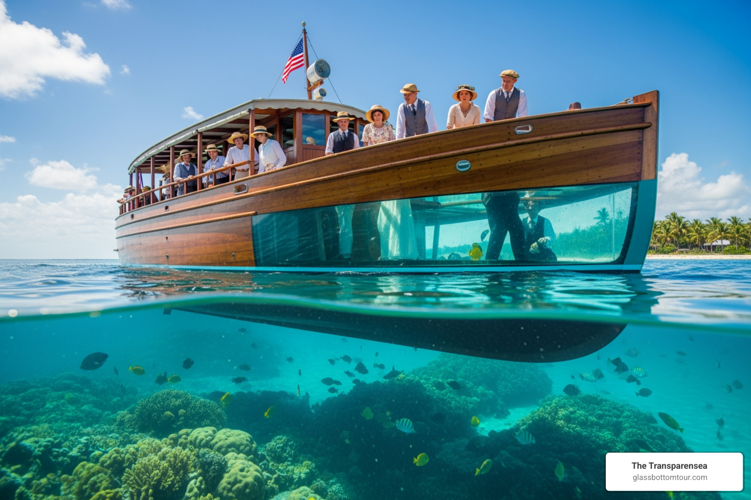 A vintage glass-bottom vessel showing early Florida tourism design - Underwater glass boat