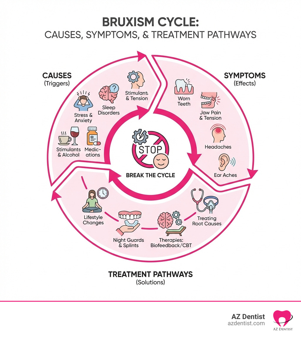 Infographic showing the bruxism cycle: causes, symptoms, and treatment pathways - bruxism treatment options infographic 