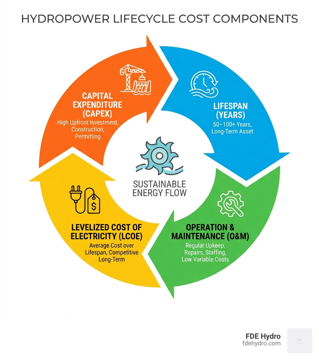 Hydropower lifecycle cost components infographic showing capital, O&M, LCOE, and lifespan breakdown - hydropower cost