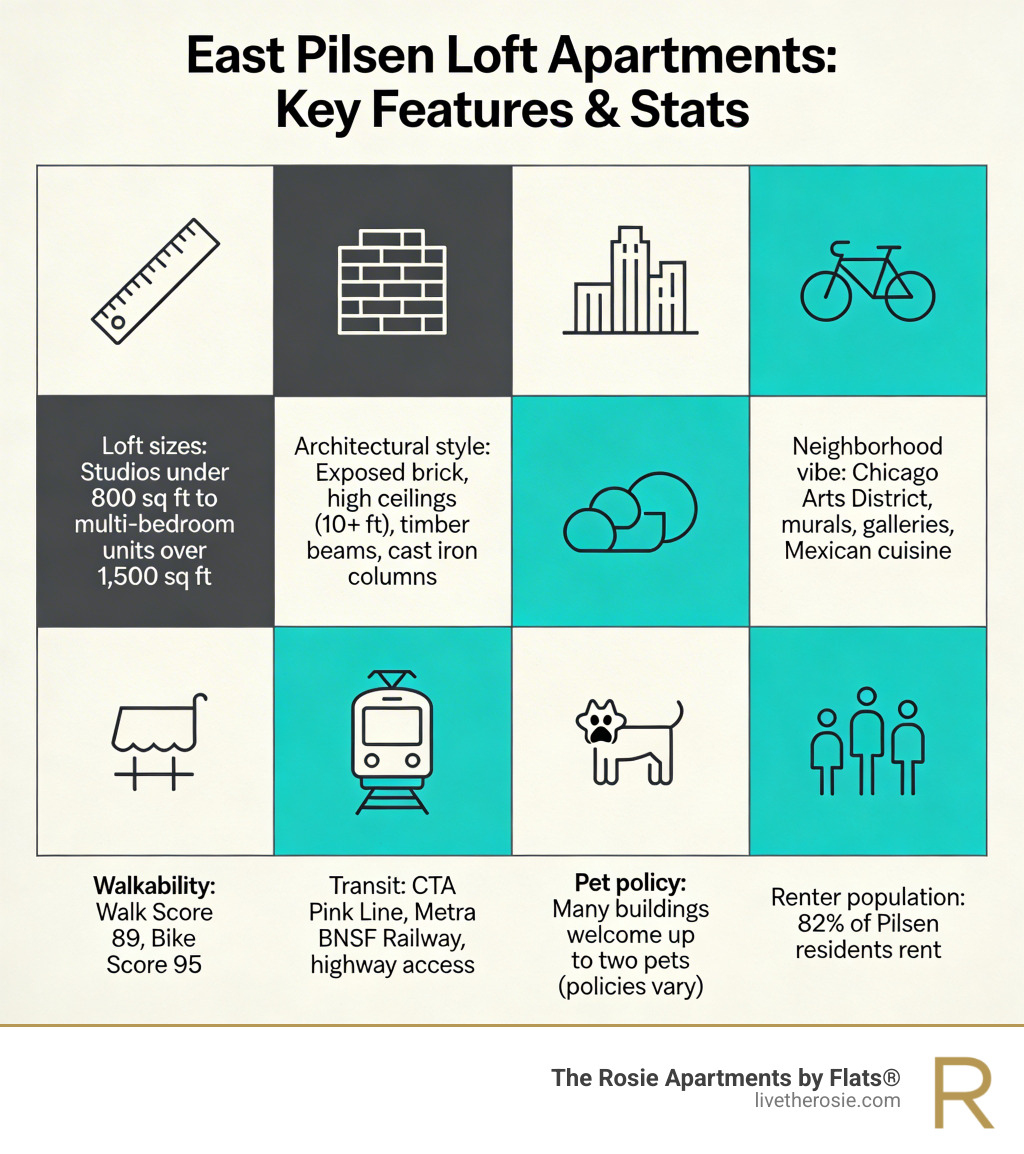 Key features and stats of East Pilsen loft apartments infographic - east pilsen loft apartments infographic 