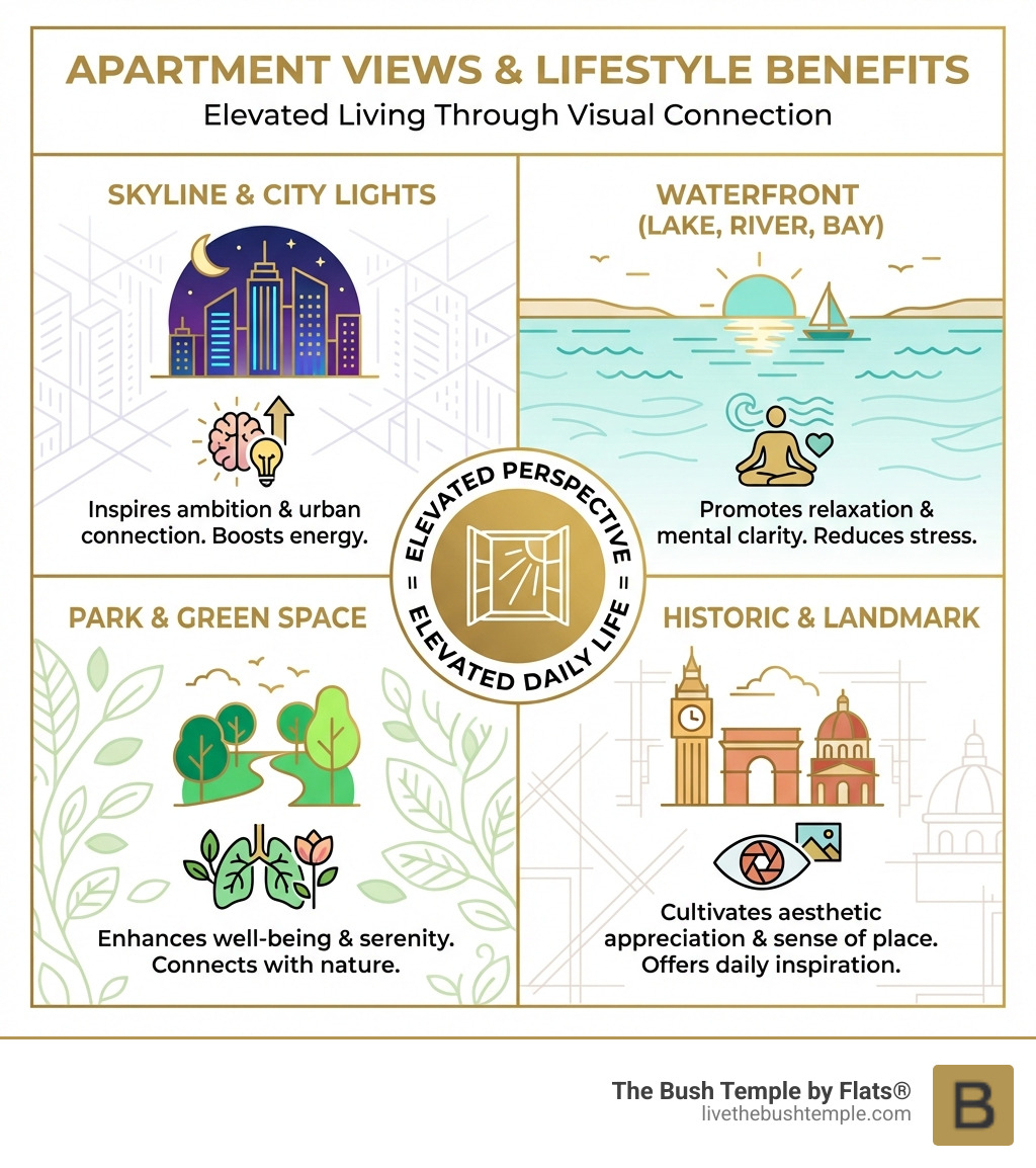 infographic showing types of apartment views and their lifestyle benefits - apartments with amazing views infographic infographic showing types of apartment views and their lifestyle benefits - apartments with amazing views infographic