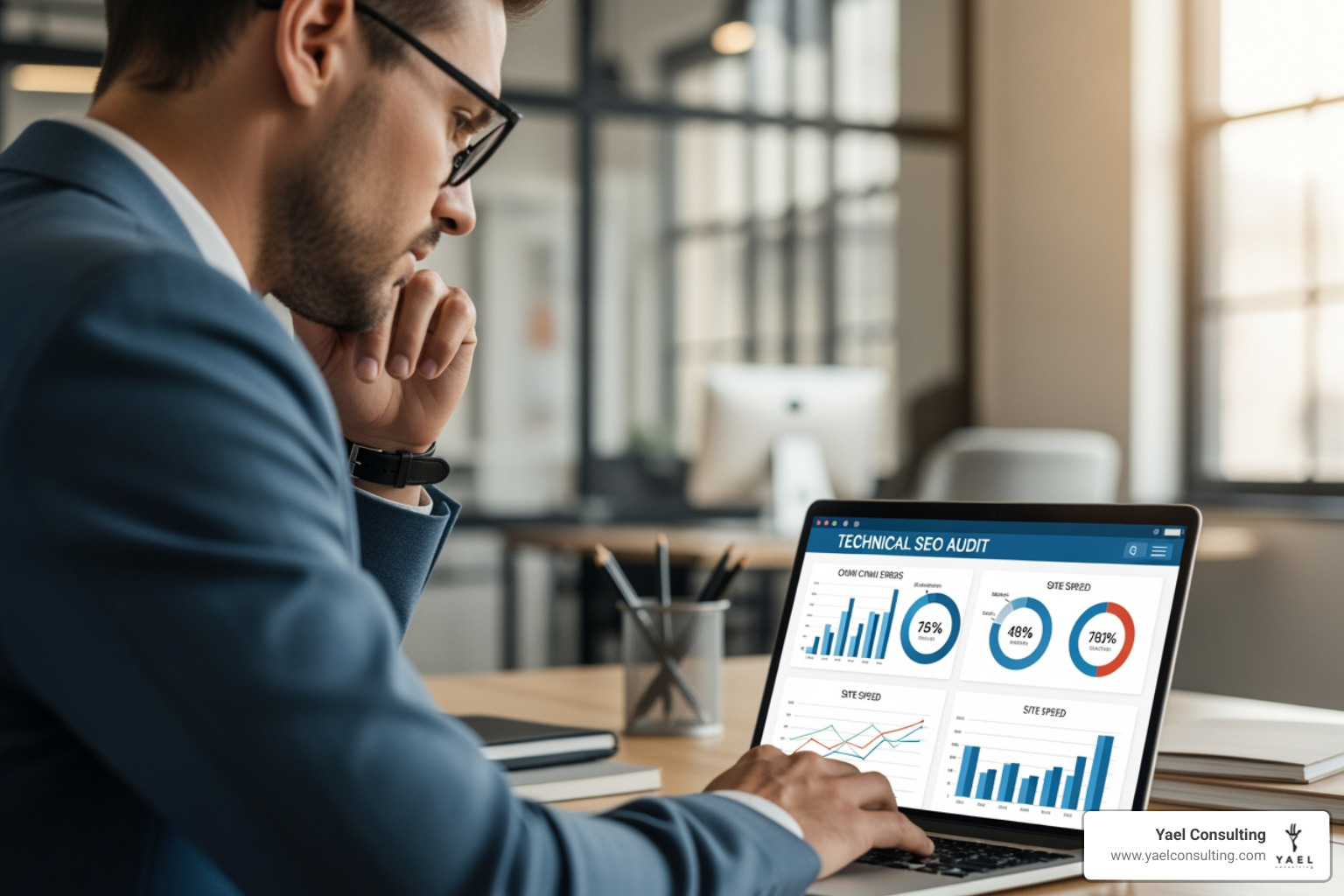 Technical SEO audit showing a consultant analyzing website crawl errors and site speed - search engine optimization Technical SEO audit showing a consultant analyzing website crawl errors and site speed - search engine optimization