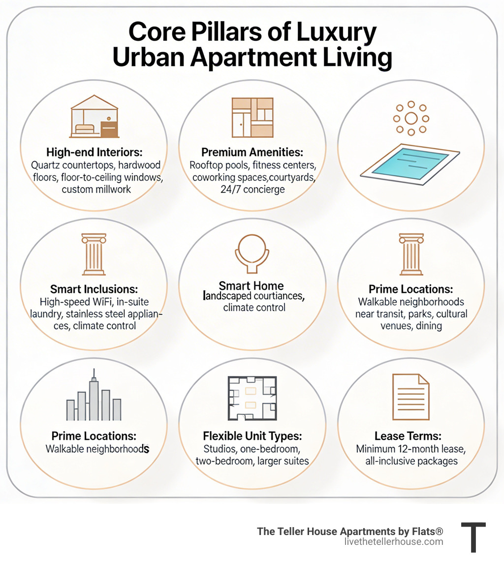 Core pillars of luxury urban apartment living infographic - Luxury apartments for lease infographic 