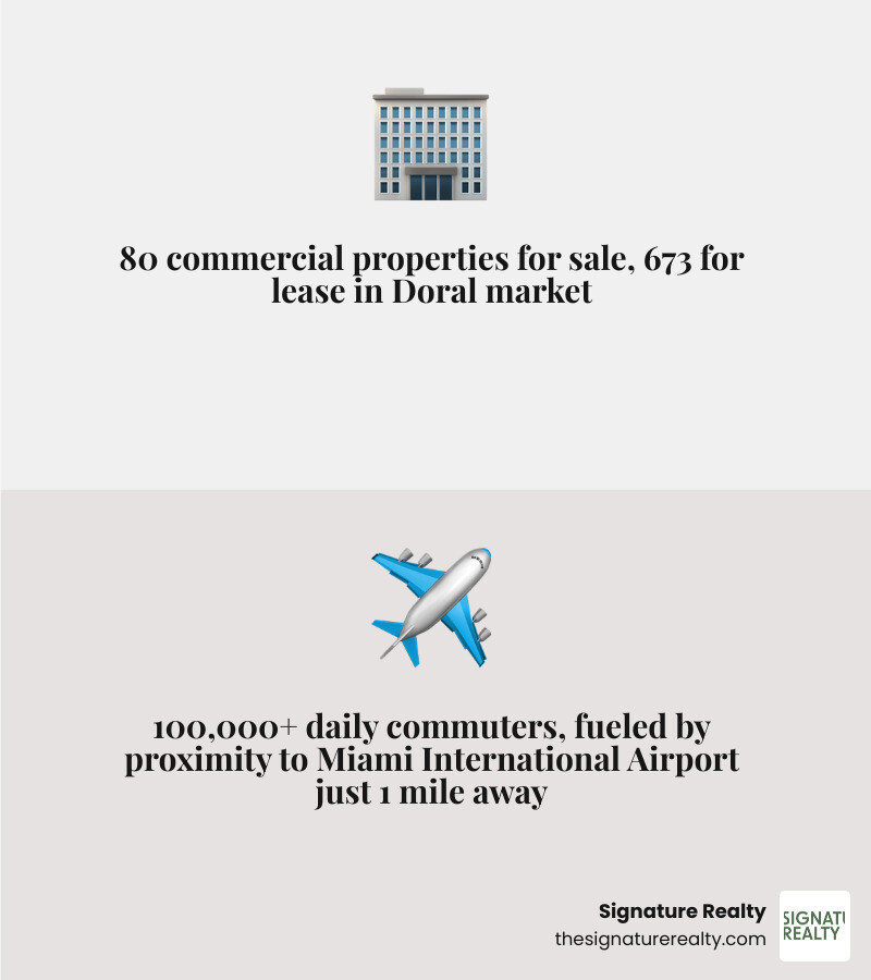 Doral economic profile infographic showing 100000 daily population, median income, and commercial inventory - commercial Doral economic profile infographic showing 100000 daily population, median income, and commercial inventory - commercial