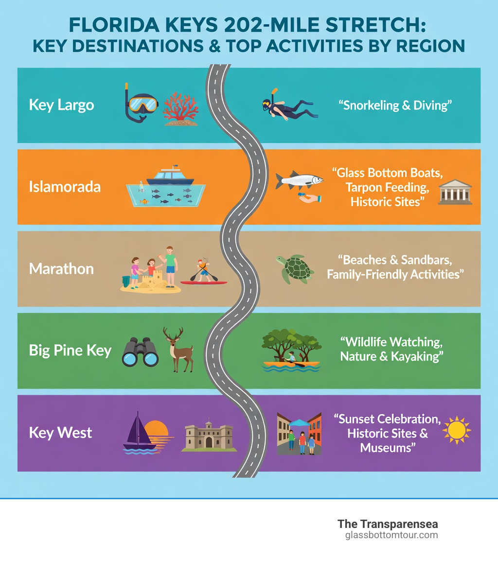 Florida Keys 202-mile stretch with key destinations and top activities by region - Florida Keys activities infographic 
