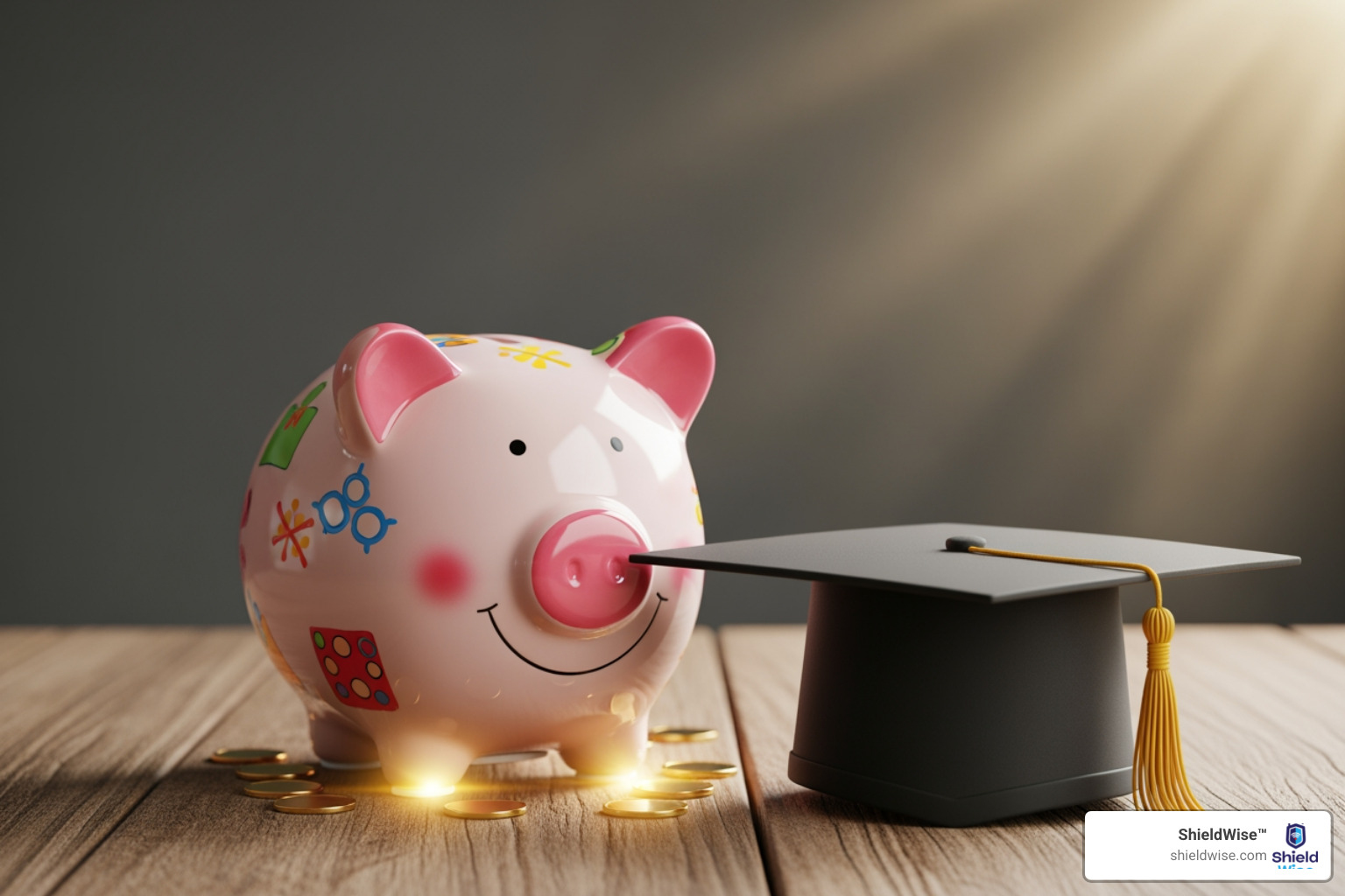 A child's piggy bank sitting next to a graduation cap representing financial growth - universal life insurance to protect