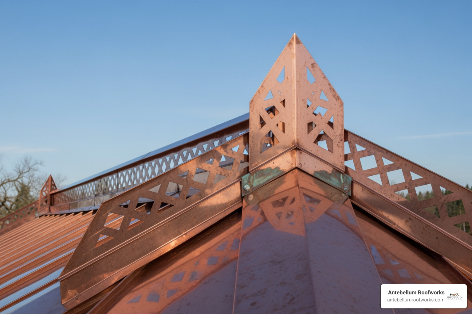 Geometric copper cresting patterns on a modern roof ridge - cresting roof