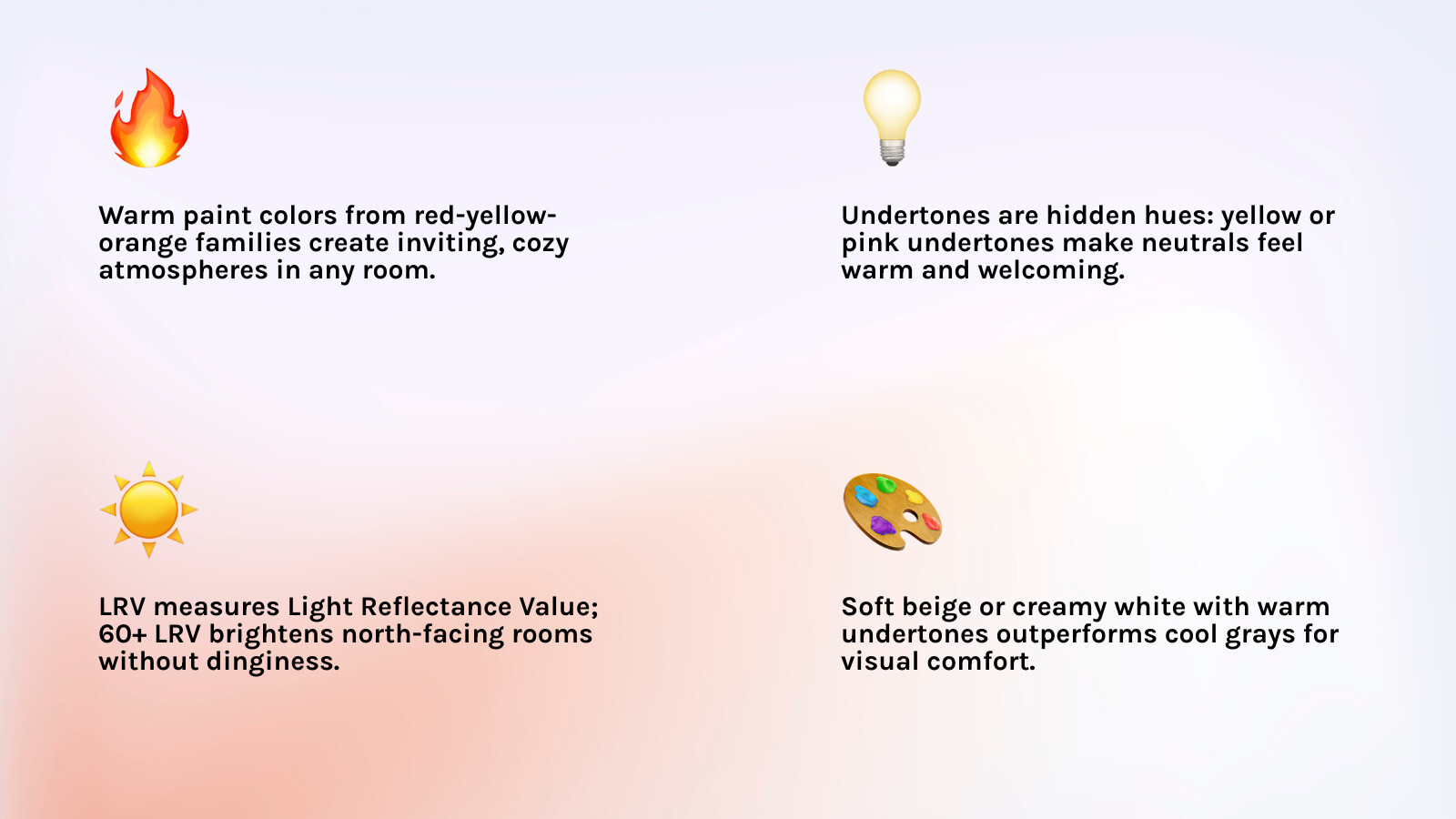 Infographic showing warm vs cool undertones in paint colors with LRV ranges and room recommendations - Warm paint colors