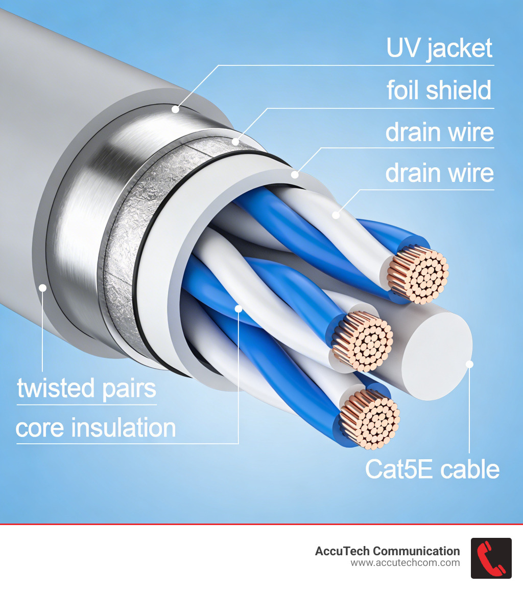Infographic showing layers of outdoor-rated Cat5e cable: UV jacket, foil shield, drain wire, twisted pairs, and core Infographic showing layers of outdoor-rated Cat5e cable: UV jacket, foil shield, drain wire, twisted pairs, and core