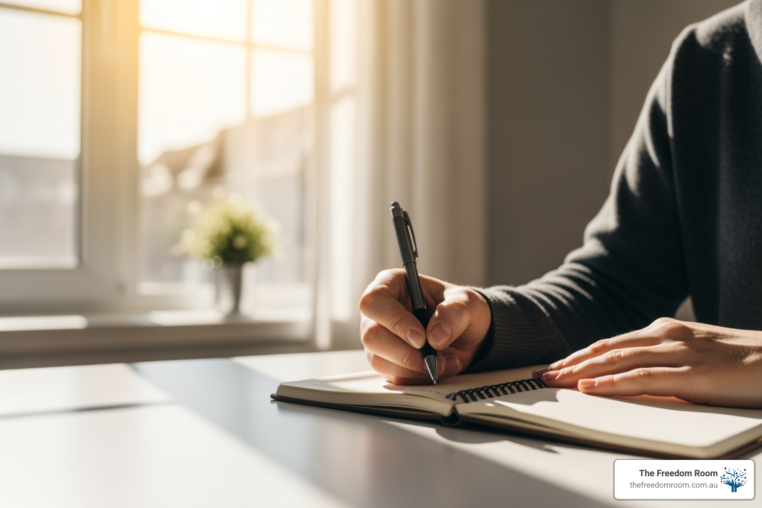 A person writing in a notebook by a sunlit window, a peaceful setting for practicing affirmations for sobriety.