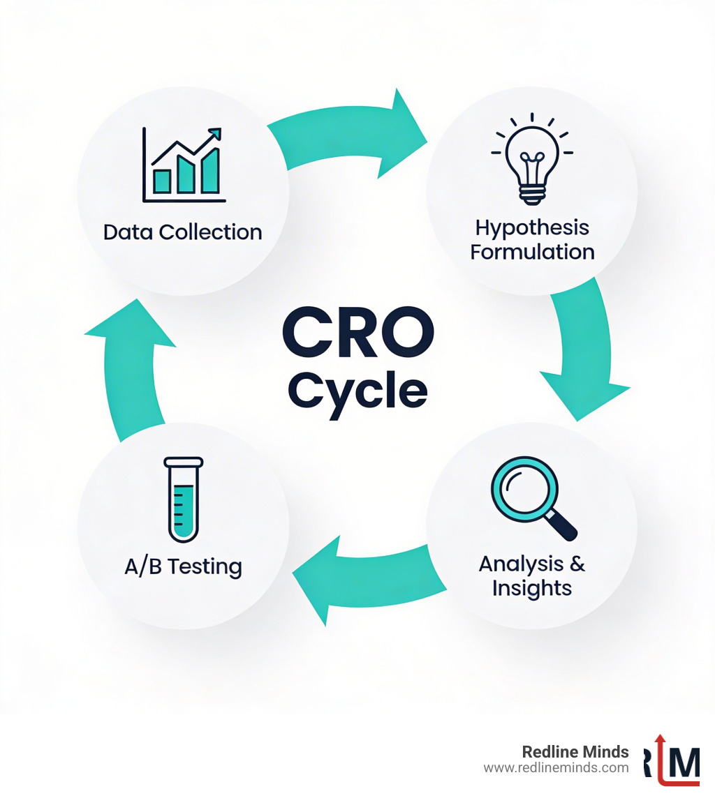 CRO cycle infographic: data collection to hypothesis to A/B testing to analysis and back - digital marketing conversion rate CRO cycle infographic: data collection to hypothesis to A/B testing to analysis and back - digital marketing conversion rate